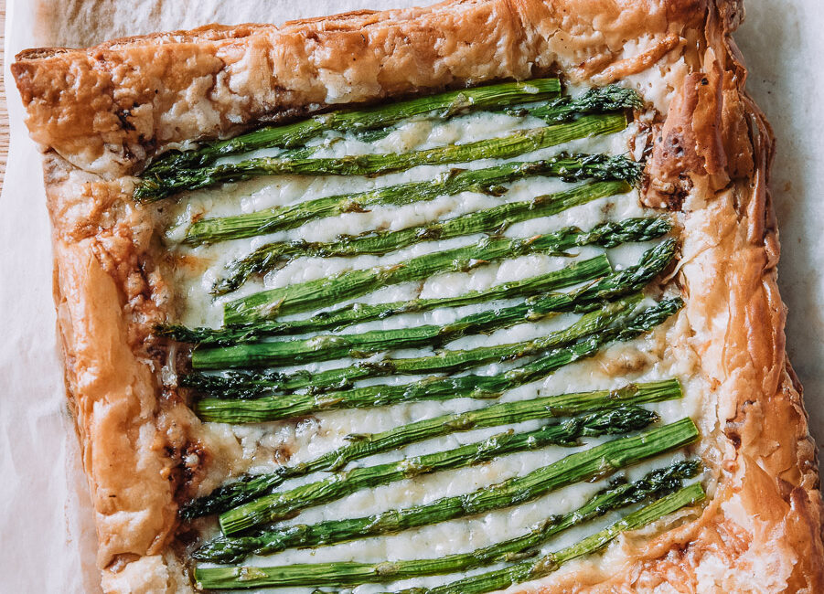 Spring Asparagus Tart on white parchment paper